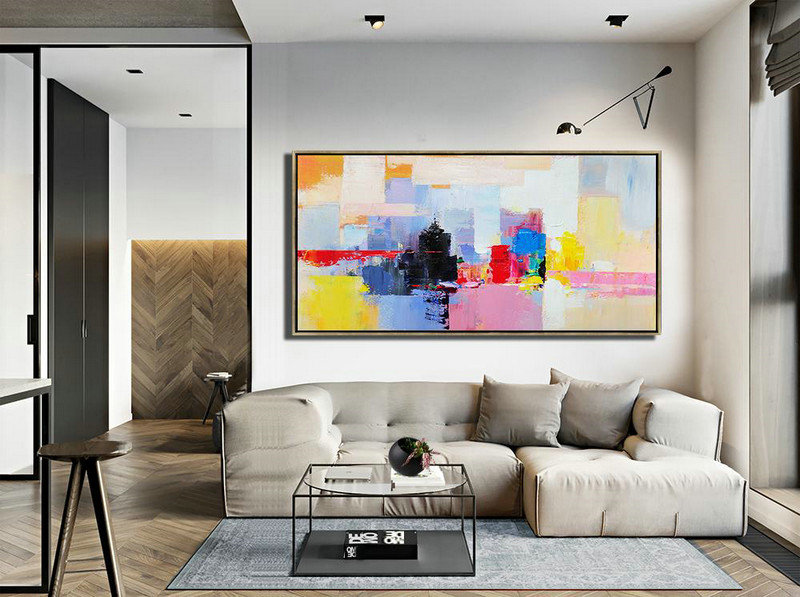 Large Abstract Art,Horizontal Palette Knife Contemporary Art Panoramic Canvas Painting,Original Art Acrylic Painting Black,Pink,Yellow,Red,Blue